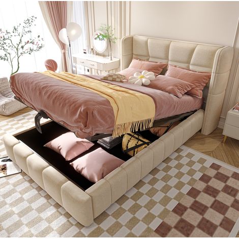 Letto contenitore 90x200 cm beige con contenitore, tessuto lino e metallo, senza materasso MEUBLIV (1/5)
