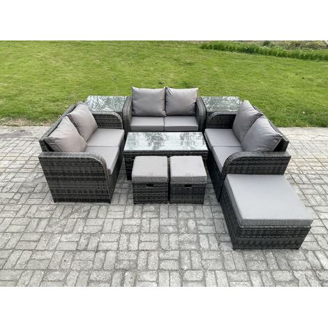 Fimous Ensemble de meubles de jardin en polyrotin 9 Pièces avec Table basse rectangulaire Canapé à deux places 3 Tabourets 2 Tables d'appoint (1/5)