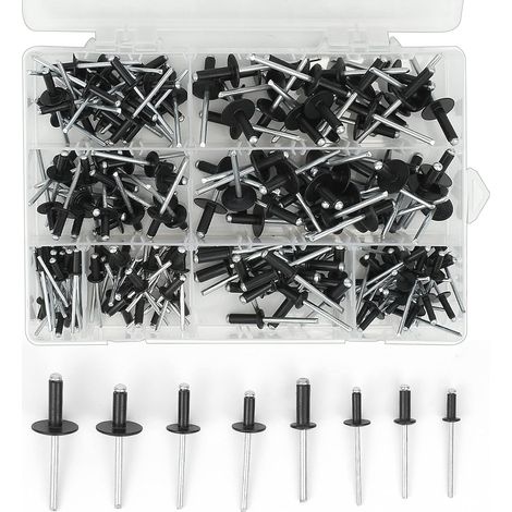200 Stück Aluminium-Blindnieten, 3,2 x 8 mm, 3,2 x 10 mm, 4 x 10 mm, 4 x 14 mm, 4,8 x 14 mm, 4,8 x 18 mm, 8 Größen, schwarzes Blindnieten-Sortiment-Set für Metall, Holz, Kunststoff