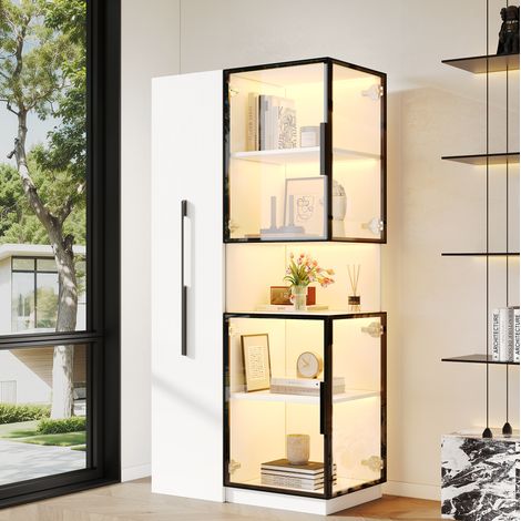 Vetrina in vetro 70x38x160 cm con LED e vani laterali, mobile alto in MDF e vetro - bianco (1/5)