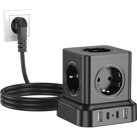 Multiprise cube 5 prises avec 2 ports USB-C et 2 ports USB-A bloc multiprise 9 en 1 interrupteur marche/arrêt câble d'extension 1.8 mètres pour bureau maison noir (1/5)