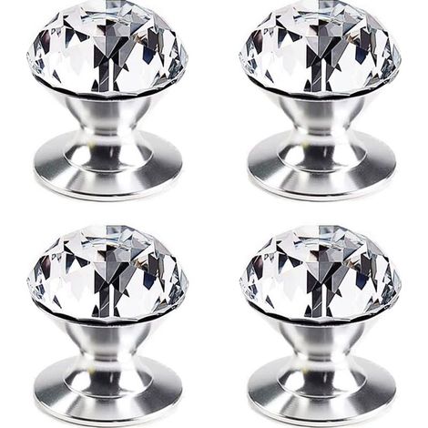 Set of 4 self-adhesive crystal aluminum knobs for furniture, self-adhesive handles for cabinets, sliding doors, and drawers. Clear crystal handles. Drawer knobs. (1/5)