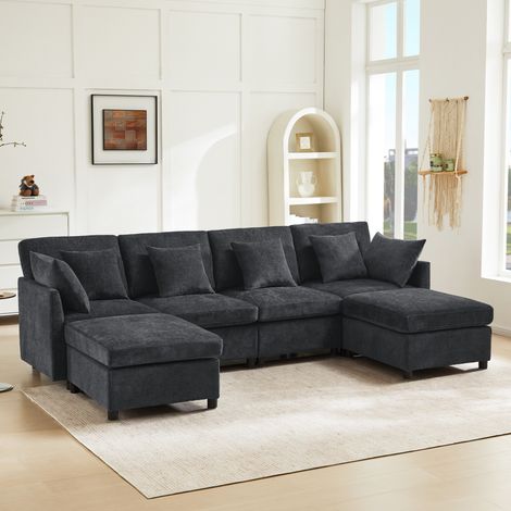 REDOM Sofá modular de 6 plazas forma U o L con 2 pufs, 6 cojines, tela chenilla gris