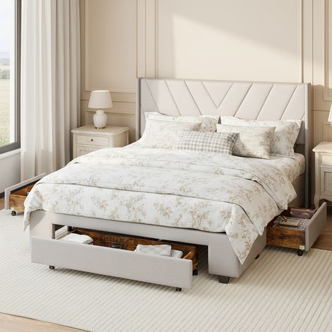 Tanant – Lit double 140x190 avec 3 tiroirs – Tête de lit rembourrée – Sommier à lattes robuste – Lin beige – Capacité 300 kg (1/5)