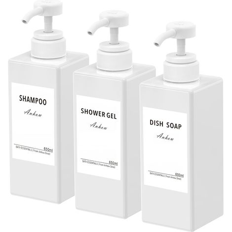 3 Distributeur Savon, 650ml Flacon Pompe PETG Rechargeable, Avec 16 Étiquettes Pour Salle De Bain Et Cuisine (1/5)