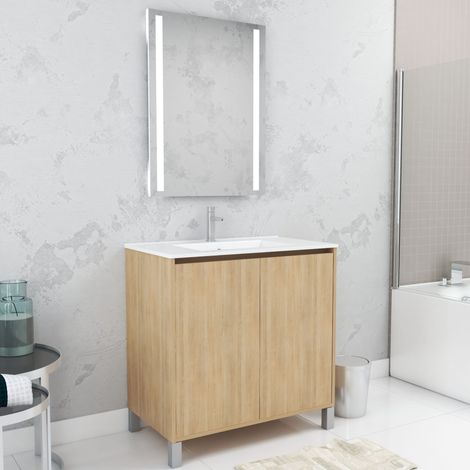 Set Mobile Bagno 80cm Rovere Chiaro 2 Ante, Lavabo, Specchio 60x80 con luce Led integrata - XENOS