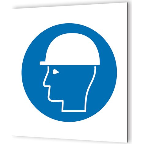 Pictogramme Casque de Protection Obligatoire - Panneau signalétique Dibond blanc - Rond bleu pictogramme blanc - 20x20 cm, épaisseur 3 mm, fabrication française (1/5)