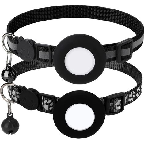 Collier pour chat Air Tag 2 pièces, réglable, réfléchissant, avec boucle de sécurité détachable et cloche noire