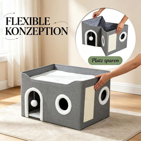 Maison pour chat pliable d'intérieur, avec griffoir, lit surélevé, plusieurs entrées, jouet suspendu et coussin réversible, uniquement avec 1 maison (1/5)