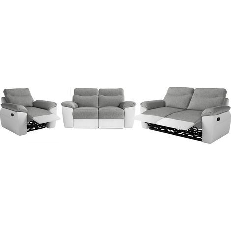 Canapés de relaxation ROSS manuels 3 et 2 places et fauteuil en tissu et simili - Blanc/Gris