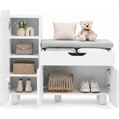 Meuble à chaussures 3 portes avec tiroir et banc rembourré, blanc, format compact 90 x 35 x 74,5 cm, entrée et couloir – CHICFURN (1/5)