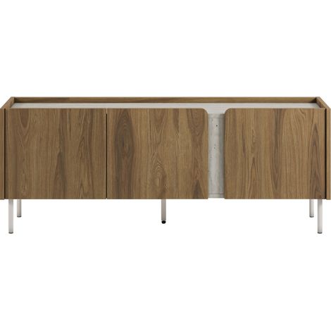 Meuble TV 3 portes en bois et effet travertin L140cm - Bois foncé - Boxy