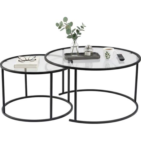 Dmora - Set mit 2 Couchtischen Aedion, Niedriger Wohnzimmertisch, Kaffeeregal, Couchtisch für Sofa, 80x80 h43 cm, Schwarz und Transparent