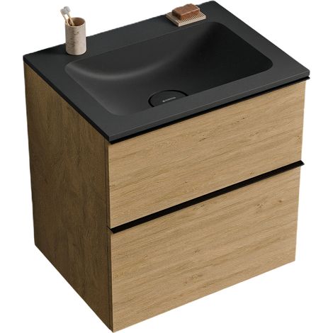 BERNSTEIN - Mueble lavabo suspendido MDF roble miel, lavabo fundición negro mate sin orificio grifería, tirador cromado 60x46x62cm - LAVOA cromo, Roble Miel Oro, Negro mate sin orificio para grifería