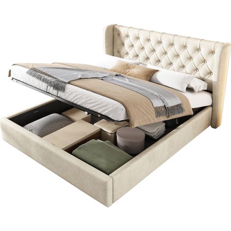 Lit velours riveté tête rembourrée hydraulique 140x190 sans matelas