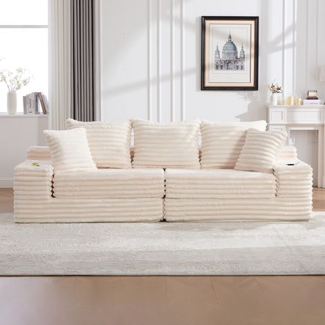 Canapé compact, en velours côtelé, avec coussins supplémentaires, poches de rangement sur les côtés et porte-gobelets, beige (1/5)