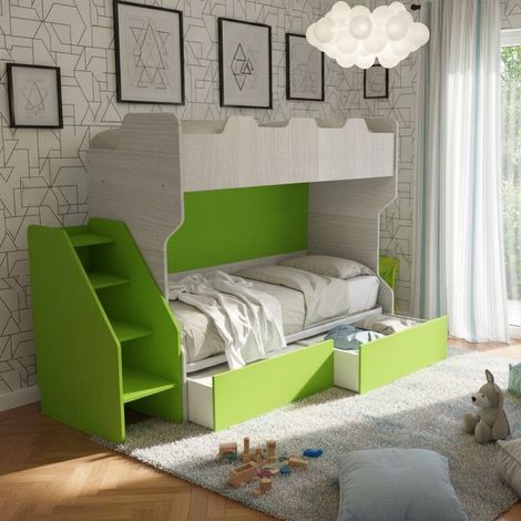 Letto a castello salvaspazio con terzo letto estraibile e scala laterale - Ideale per camerette - Rovere rock e Verde mela
