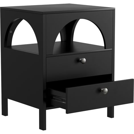 Nachttisch Schwarz 45 x 40 x 58 cm mit 2 Schubladen und offenem Fach, moderner Beistellschrank für Schlafzimmer Wohnzimmer Flur