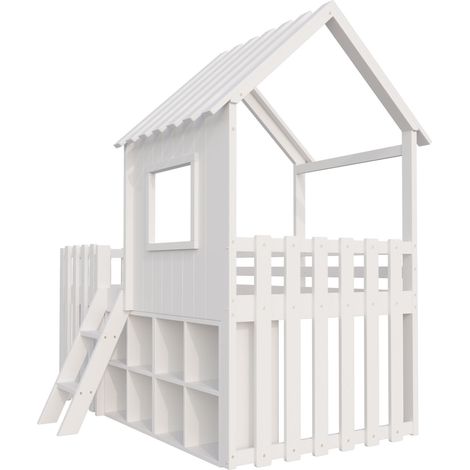 Lit cabane enfant 90 x 200 avec toit et fenêtre, rangement ouvert et échelle, blanc HOMVRA (1/5)
