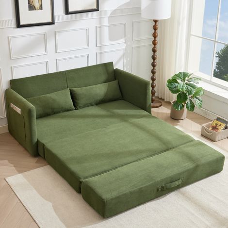 Sofá cama plegable 165/92/82 cm verde en tela acanalada, 2 plazas, con 2 cojines lumbares y bolsillos laterales (1/5)