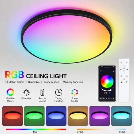 Plafonnier LED rond 24cm 30W, plafonnier connecté RGB avec télécommande, application, intensité réglable 2700K-6500K, noir (1/5)