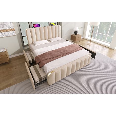 Polsterbett Leinen Beige 160x200 cm mit Matratze, 4 Schubladen, USB- und Typ-C-Anschluss, Lattenrost