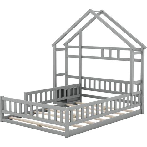 Cama cabaña infantil 140 x 200 cm gris con mesita de noche y barrera (1/5)