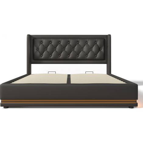 Cama con almacenaje doble 160 x 200 cm en PU negro con LED en 3 lados, USB y Type-C (1/5)