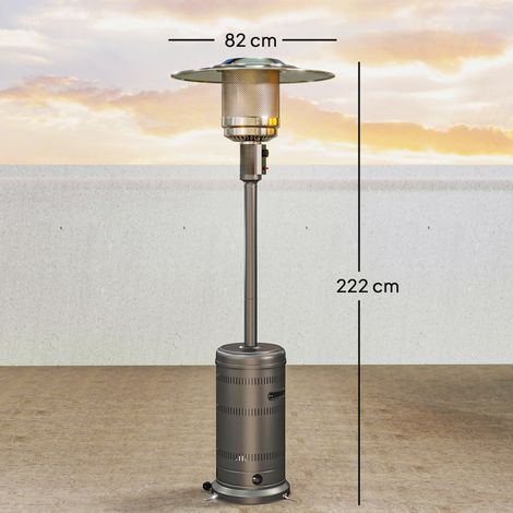 Chauffage portable au butane 13 kW avec système anti-basculement, allumage piézoélectrique et roulettes, 82 x 82 x 222 cm, gris
