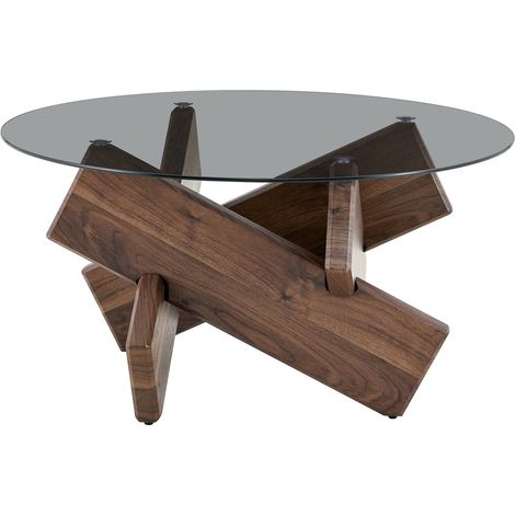 CHICFURN Table basse ronde en verre trempé et bois foncé, table de salon design avec piètement géométrique en MDF, Ø79 x H45 cm, style moderne (1/5)