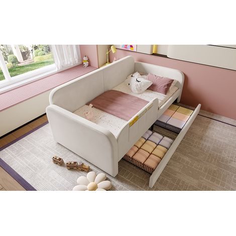 Lit enfant gigogne capitonné, banquette, cadre métallique, 3 poches, 2 tiroirs sur roues, velours MDF, blanc, 90x200, matelas non inclus, gain de place (1/5)