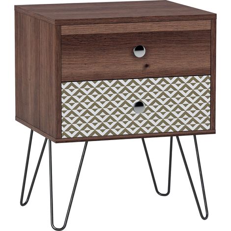 Table de chevet style bohème avec 2 tiroirs, pieds en acier, pour chambre ou salon, 45 x 39 x 55,5 cm, marron