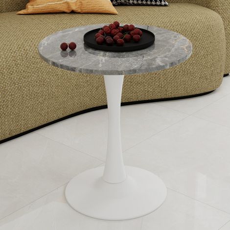 Mesa de comedor redonda 70x70x72 cm - Estilo Mid-Century - Tablero con efecto mármol blanco veteado gris - Pata tipo tulipán - Blanco