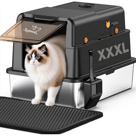 120L XXL Stainless Steel Cat Litter Tray with 105° Lid and Scoop, Removable Metal Litter, 3 in 1 High Edge Litter with Deodoriser for Cat Litter Tray (1/5)
