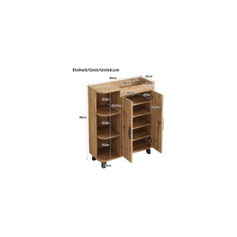 Meuble à chaussures étroit aspect bois clair – 80 x 32 x 99 cm, 2 portes, niches ouvertes, tablette supérieure, pour entrée ou petits espaces – Rangement compact et aéré (1/5)