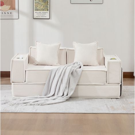 Divano 2 posti in velluto a coste beige 162x78x66 cm con 2 cuscini e tasche laterali (1/5)