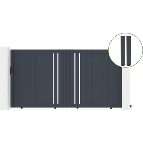 Portail coulissant 3m GIONA H.180 alu gris + 2 poteaux 20x20cm H.190cm (1/5)