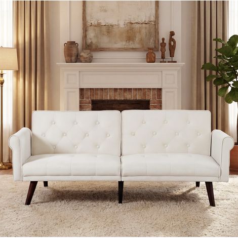 Sofá cama convertible 2 plazas beige de terciopelo con respaldos ajustables (1/5)