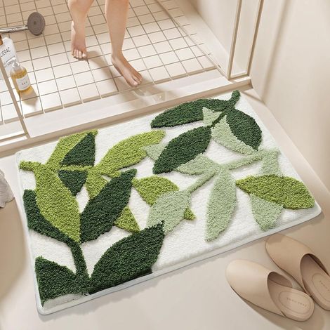 Tapis de bain antidérapant - Tapis de bain antidérapant - 50 x 80 cm - Tapis de bain résistant et absorbant - Lavable en machine - Paillasson doux et confortable - Motif feuilles vertes (1/5)