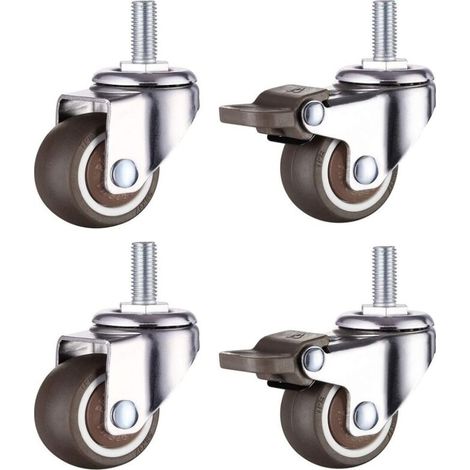 Lot De 4 Petites Roulettes Pour Meubles - 25 Mm - Caoutchouc Souple Tpe - M6 X 15 Mm - Filetage (2 Pièces Avec Frein) (25 Mm) (1/5)