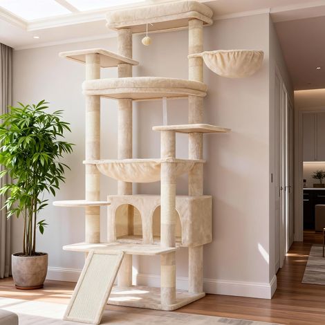 Arbre à Chat XXL de 202 cm avec Plateformes Surdimensionnées, Cabane, Panier et Poteau en Sisal à Gratter, pour Grands Chats, Aménagement Multi-Niveaux, Beige HCT038M (1/3)