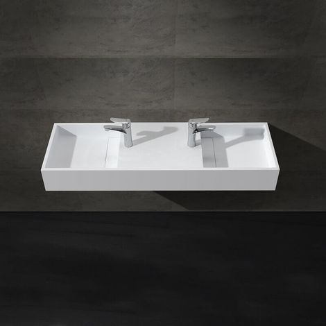 Rue Du Bain – Lavabo double vasque suspendu rectangle 121cm – Solid Surface blanc mat – Évacuation en pente douce – Installation murale (1/3)