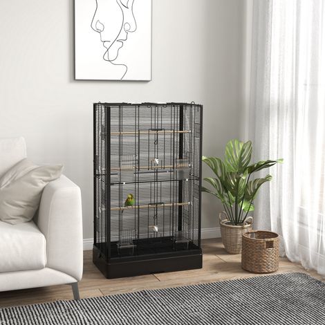 Noir - Cage à canaris avec perchoirs en bois, volière en acier pour oiseaux avec 2 anses, plateau amovible et gamelles, 61x36,5x98 cm