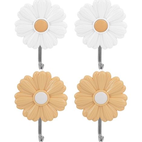 Lot de 4 crochets muraux adhésifs décoratifs petite marguerite pour chambre enfant, porte-manteau sans perçage, adhésif fort pour serviettes, clés, vêtements
