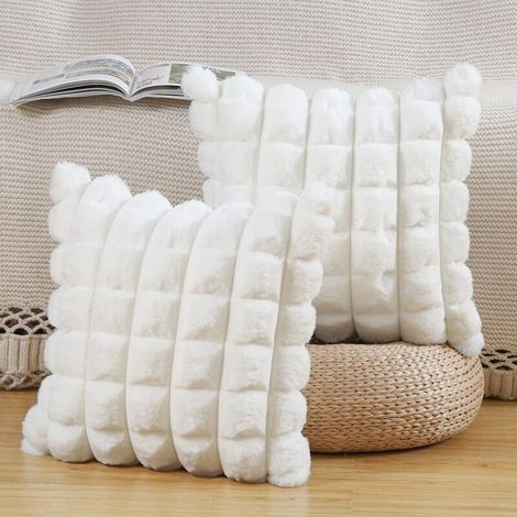 Set di 2 federe per cuscini a quadri in morbida pelliccia sintetica, soffici e decorative, ideali per divano o camera da letto, colore bianco crema, 45x45 cm. (1/5)