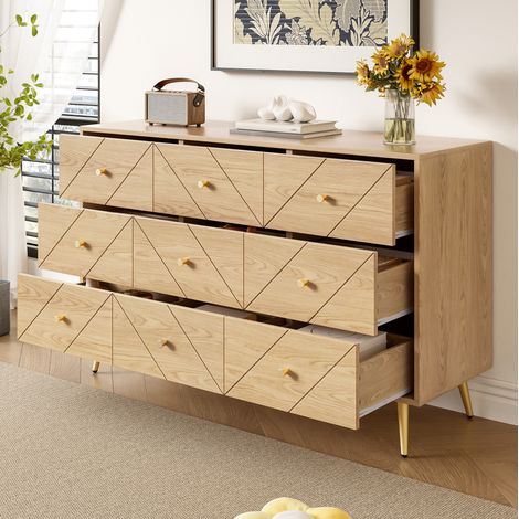 Comò in truciolare naturale con 9 cassetti, gambe in ferro, 120 x 39 x 80 cm (1/5)