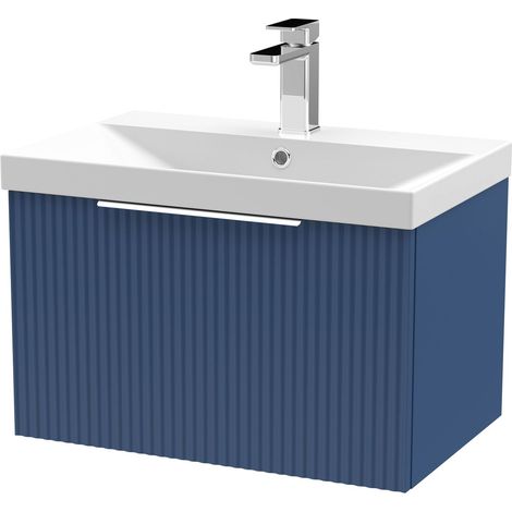Tixall Fluted 1 Drawer Wall Hung Vanity Unit with Thin Edge Basin, Satin Blue, 600mm