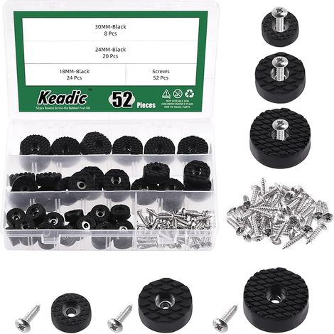 Lot de 52 patins ronds en caoutchouc à visser pour meubles - 1,2" et 1" / 0,7" - Noir - Antidérapants - Protection de sol - Patins pour meubles en bois