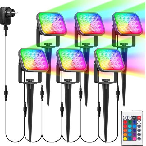 Spot LED Extérieur 12V, Projecteur RGB avec Piquet 16 Teintes et 4 Modes, Télécommande Incluse, IP65 Anti-Eau, Éclairage Jardin, Allée, Cour, Étanche [Classe A+] (1/4)