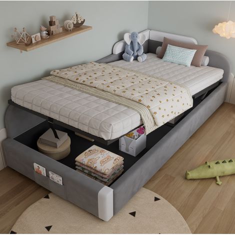 Letto singolo 90x200 cm bianco e grigio in velluto con contenitore idraulico (1/5)